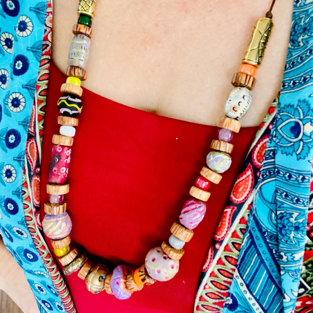 Handmade chunky bold rustic beaded necklace neutral colors brown pink pastel